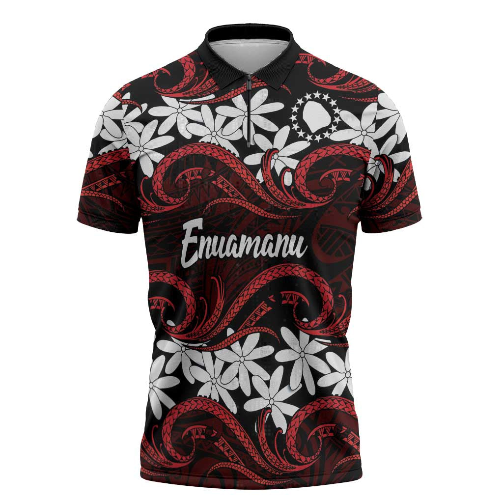 Personalised Cook Islands Atiu Enuamanu Zipper Polo Shirt Tiare Maori Polynesian Waves Tattoo