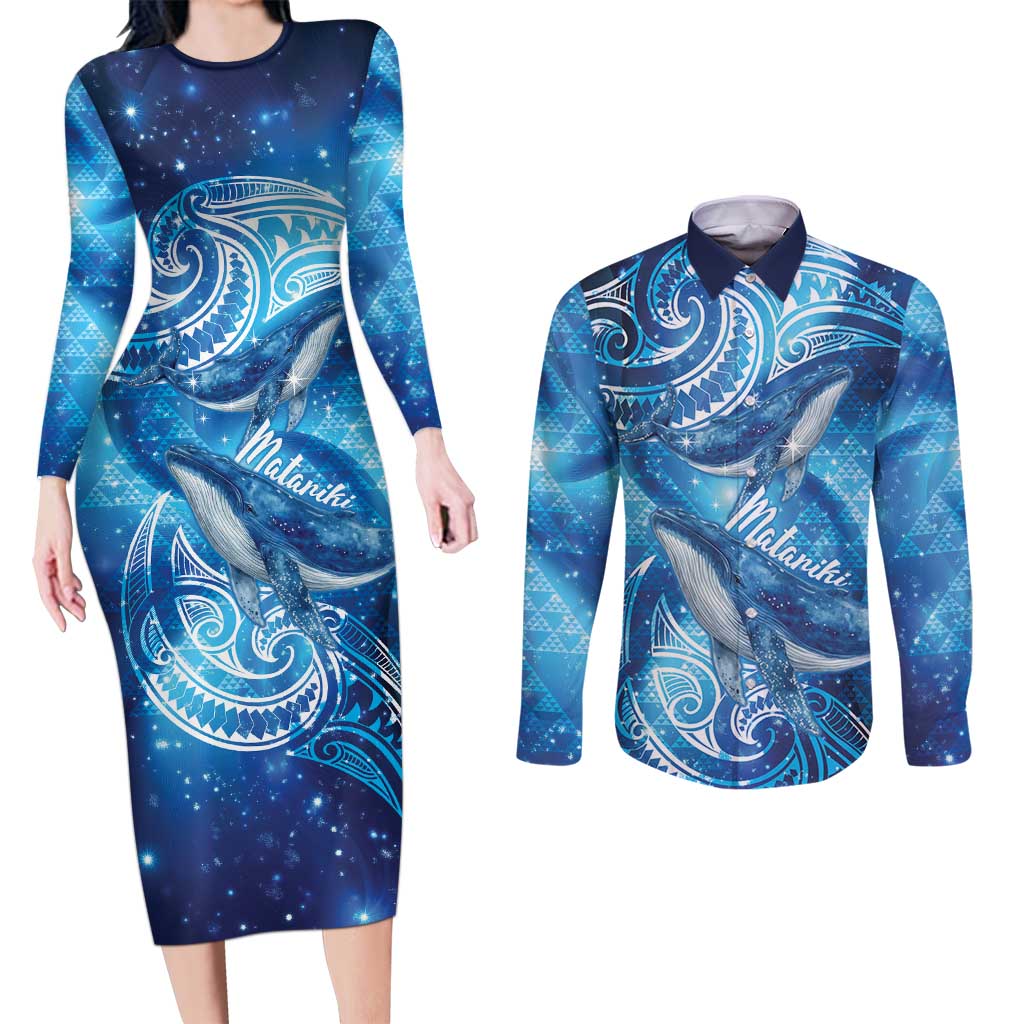 New Zealand Humpback Whale Matariki Couples Matching Long Sleeve Bodycon Dress and Long Sleeve Button Shirt Maori New Year Taniko Niho Taniwha