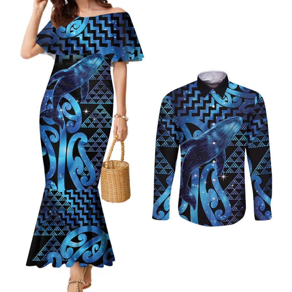 Humpback Whale Matariki New Zealand Couples Matching Mermaid Dress and Long Sleeve Button Shirt NZ Maori Paikea Poutama Luxury Blue