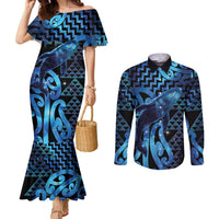Humpback Whale Matariki New Zealand Couples Matching Mermaid Dress and Long Sleeve Button Shirt NZ Maori Paikea Poutama Luxury Blue