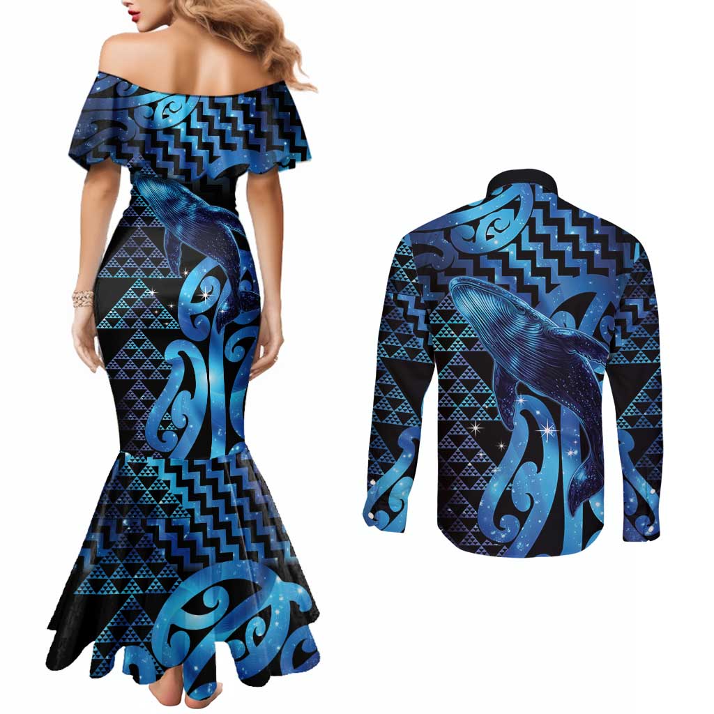Humpback Whale Matariki New Zealand Couples Matching Mermaid Dress and Long Sleeve Button Shirt NZ Maori Paikea Poutama Luxury Blue