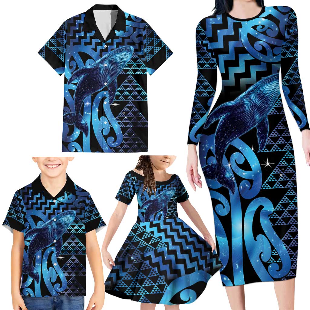 Humpback Whale Matariki New Zealand Family Matching Long Sleeve Bodycon Dress and Hawaiian Shirt NZ Maori Paikea Poutama Luxury Blue
