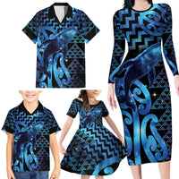Humpback Whale Matariki New Zealand Family Matching Long Sleeve Bodycon Dress and Hawaiian Shirt NZ Maori Paikea Poutama Luxury Blue
