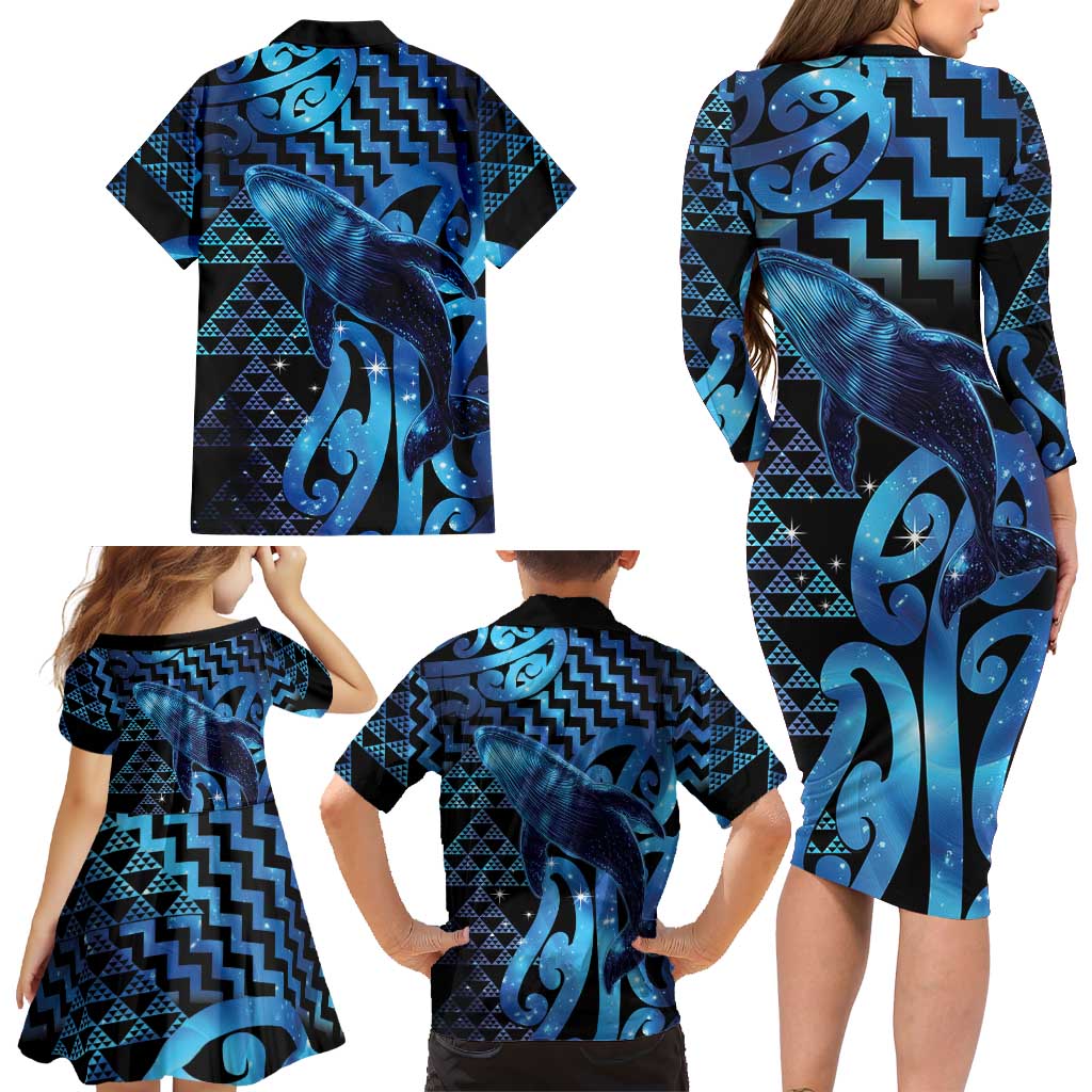 Humpback Whale Matariki New Zealand Family Matching Long Sleeve Bodycon Dress and Hawaiian Shirt NZ Maori Paikea Poutama Luxury Blue