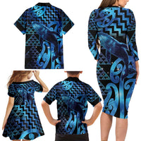 Humpback Whale Matariki New Zealand Family Matching Long Sleeve Bodycon Dress and Hawaiian Shirt NZ Maori Paikea Poutama Luxury Blue