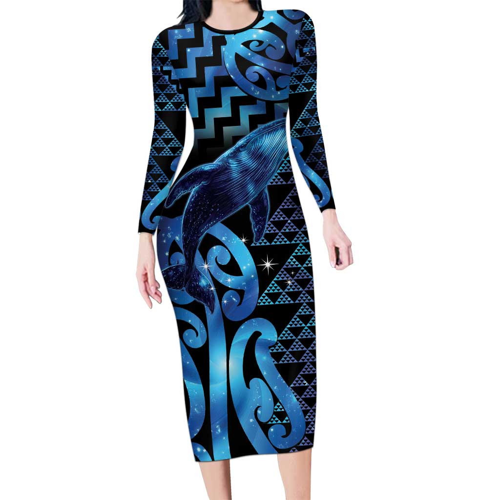 Humpback Whale Matariki New Zealand Family Matching Long Sleeve Bodycon Dress and Hawaiian Shirt NZ Maori Paikea Poutama Luxury Blue