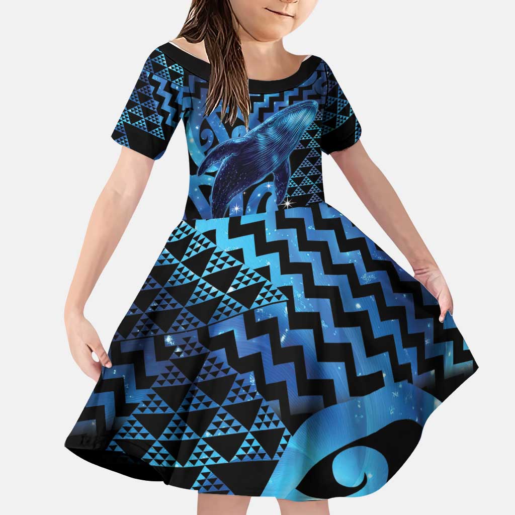 Humpback Whale Matariki New Zealand Family Matching Off The Shoulder Long Sleeve Dress and Hawaiian Shirt NZ Maori Paikea Poutama Luxury Blue