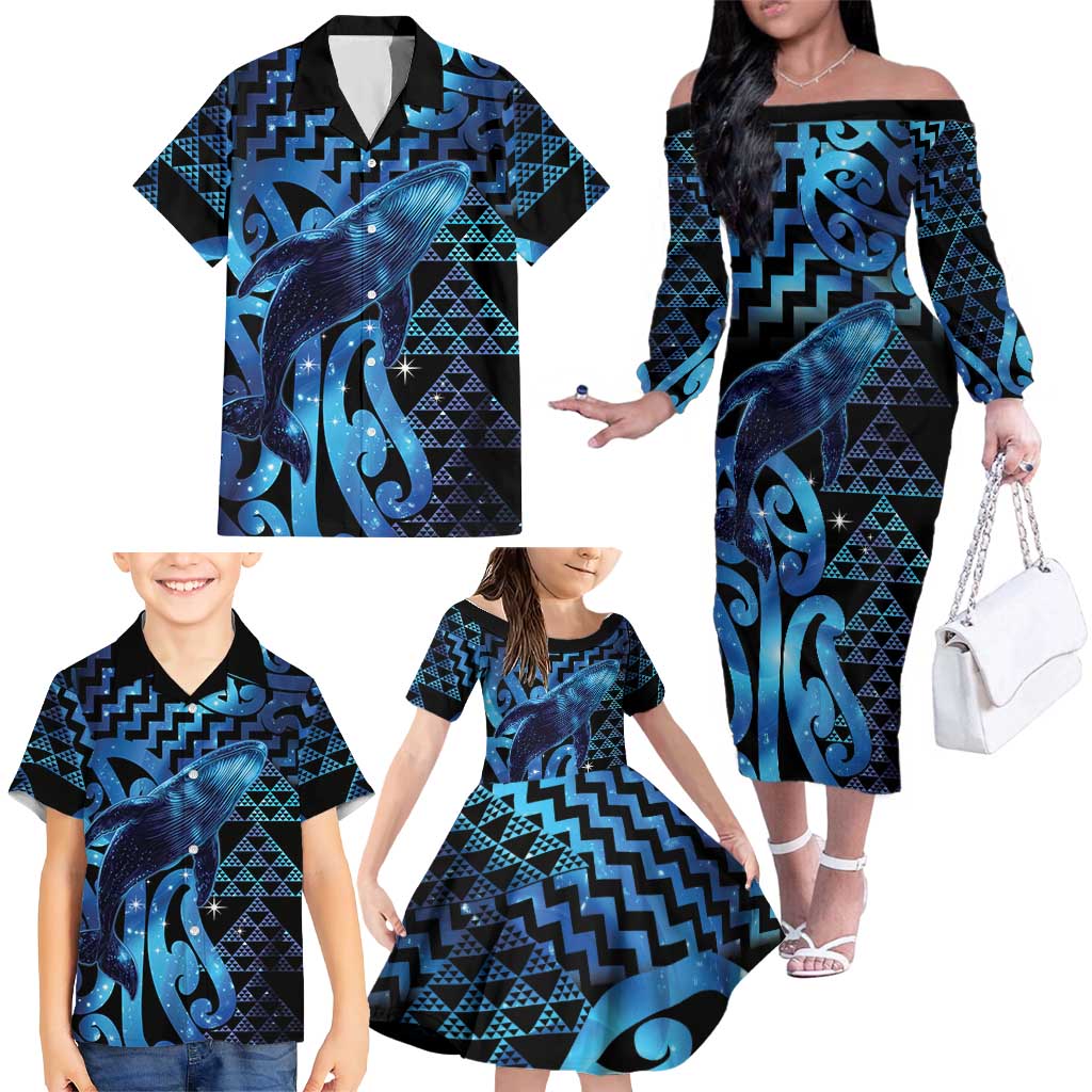 Humpback Whale Matariki New Zealand Family Matching Off The Shoulder Long Sleeve Dress and Hawaiian Shirt NZ Maori Paikea Poutama Luxury Blue