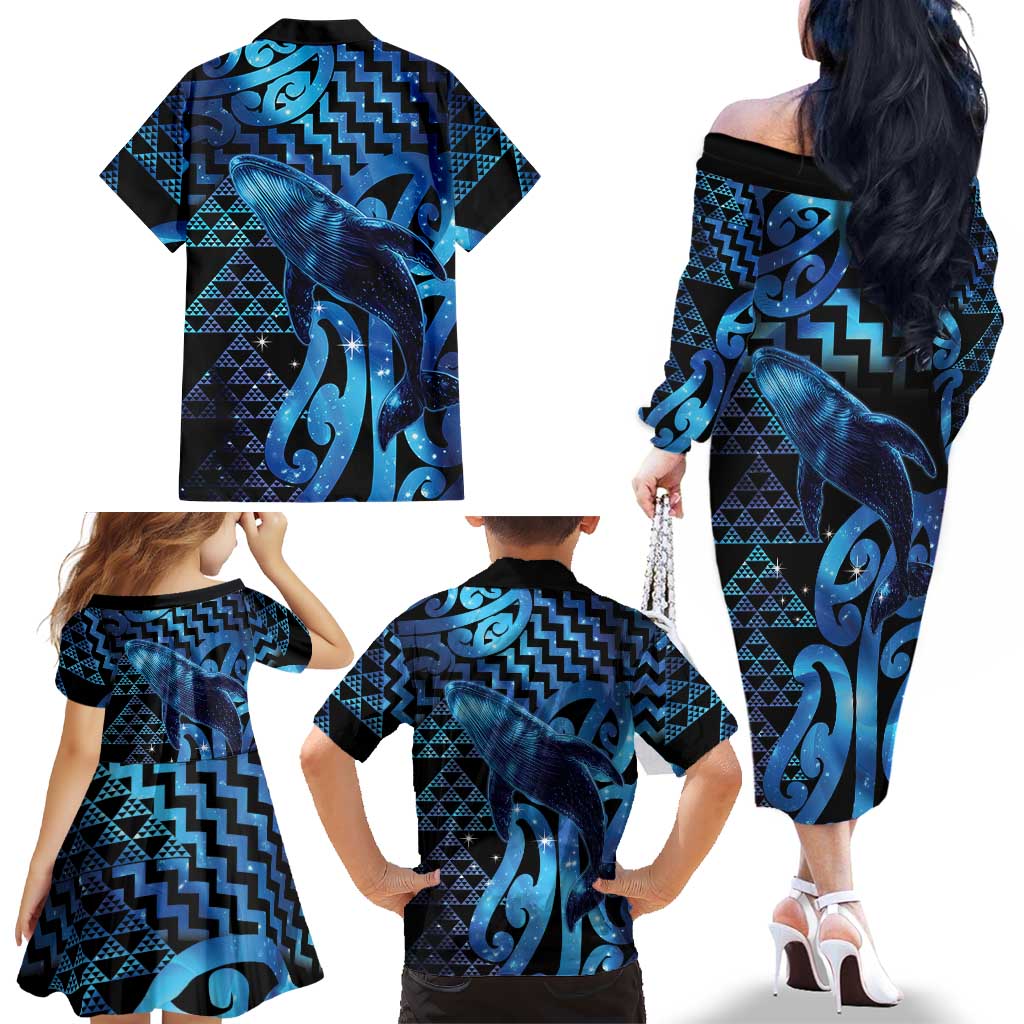 Humpback Whale Matariki New Zealand Family Matching Off The Shoulder Long Sleeve Dress and Hawaiian Shirt NZ Maori Paikea Poutama Luxury Blue