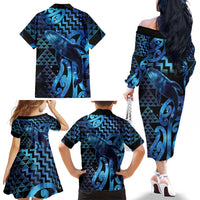 Humpback Whale Matariki New Zealand Family Matching Off The Shoulder Long Sleeve Dress and Hawaiian Shirt NZ Maori Paikea Poutama Luxury Blue