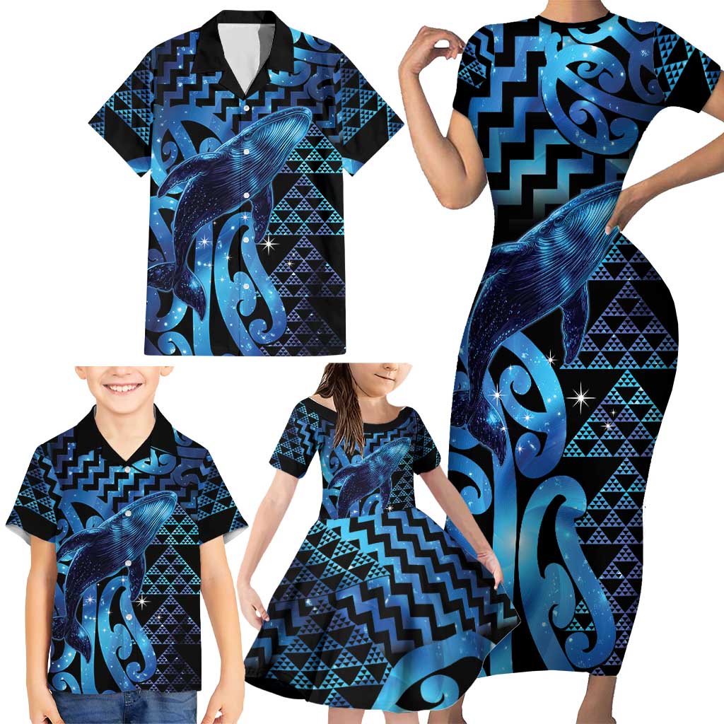 Humpback Whale Matariki New Zealand Family Matching Short Sleeve Bodycon Dress and Hawaiian Shirt NZ Maori Paikea Poutama Luxury Blue