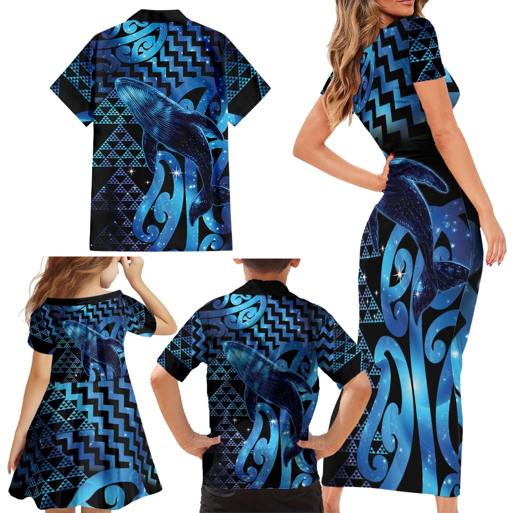 Humpback Whale Matariki New Zealand Family Matching Short Sleeve Bodycon Dress and Hawaiian Shirt NZ Maori Paikea Poutama Luxury Blue