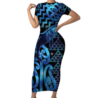 Humpback Whale Matariki New Zealand Family Matching Short Sleeve Bodycon Dress and Hawaiian Shirt NZ Maori Paikea Poutama Luxury Blue