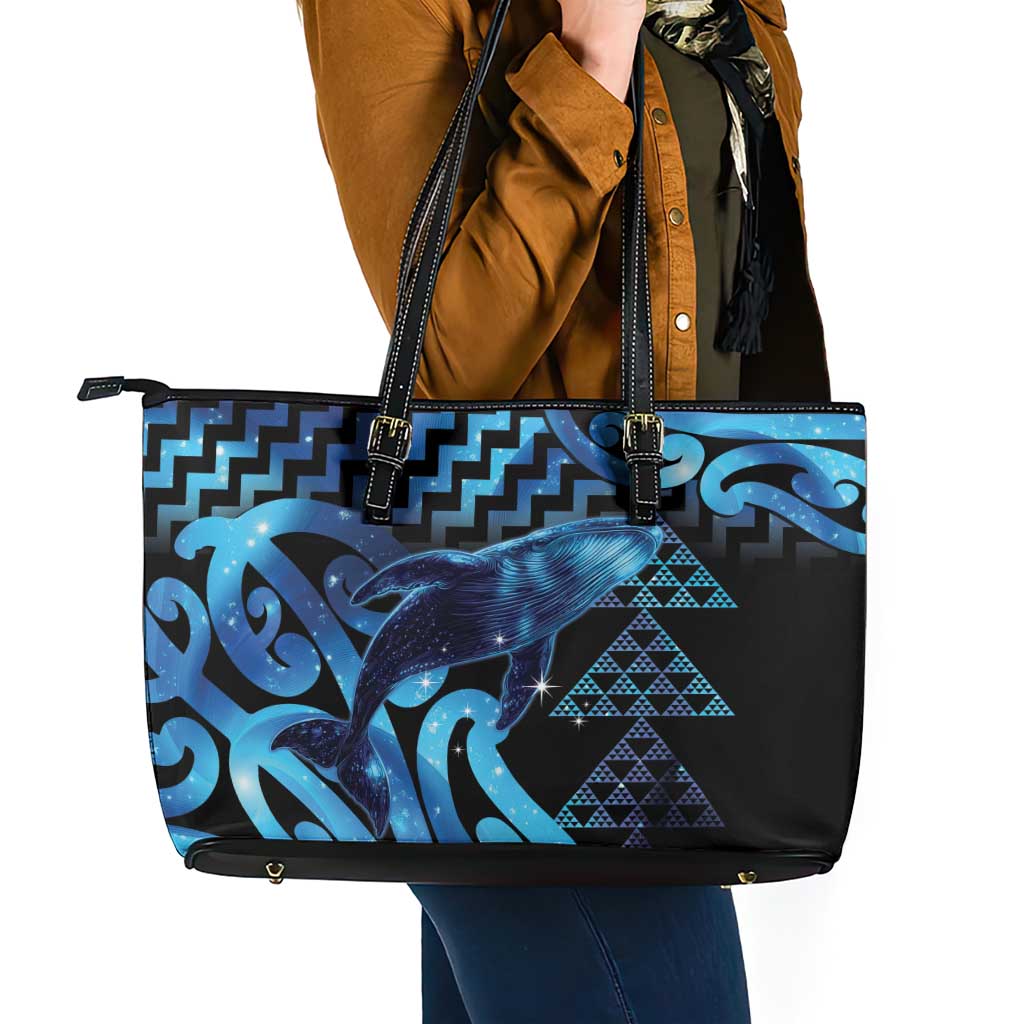 Humpback Whale Matariki New Zealand Leather Tote Bag NZ Maori Paikea Poutama Luxury Blue