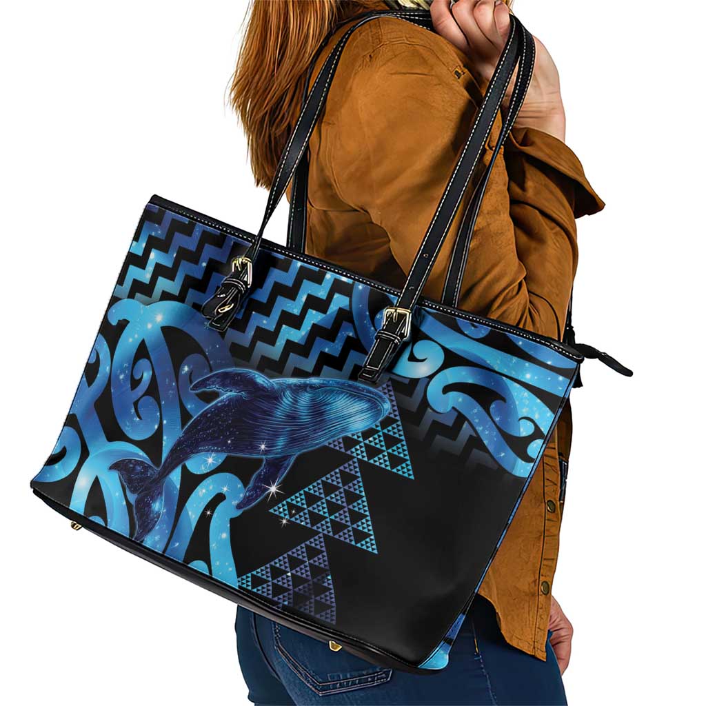 Humpback Whale Matariki New Zealand Leather Tote Bag NZ Maori Paikea Poutama Luxury Blue