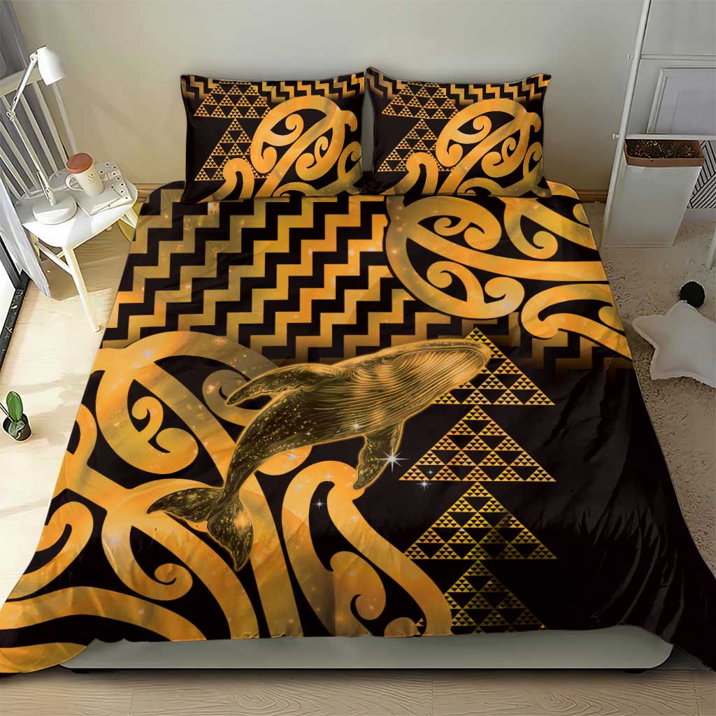 Humpback Whale Matariki New Zealand Bedding Set NZ Maori Paikea Poutama Luxury Gold