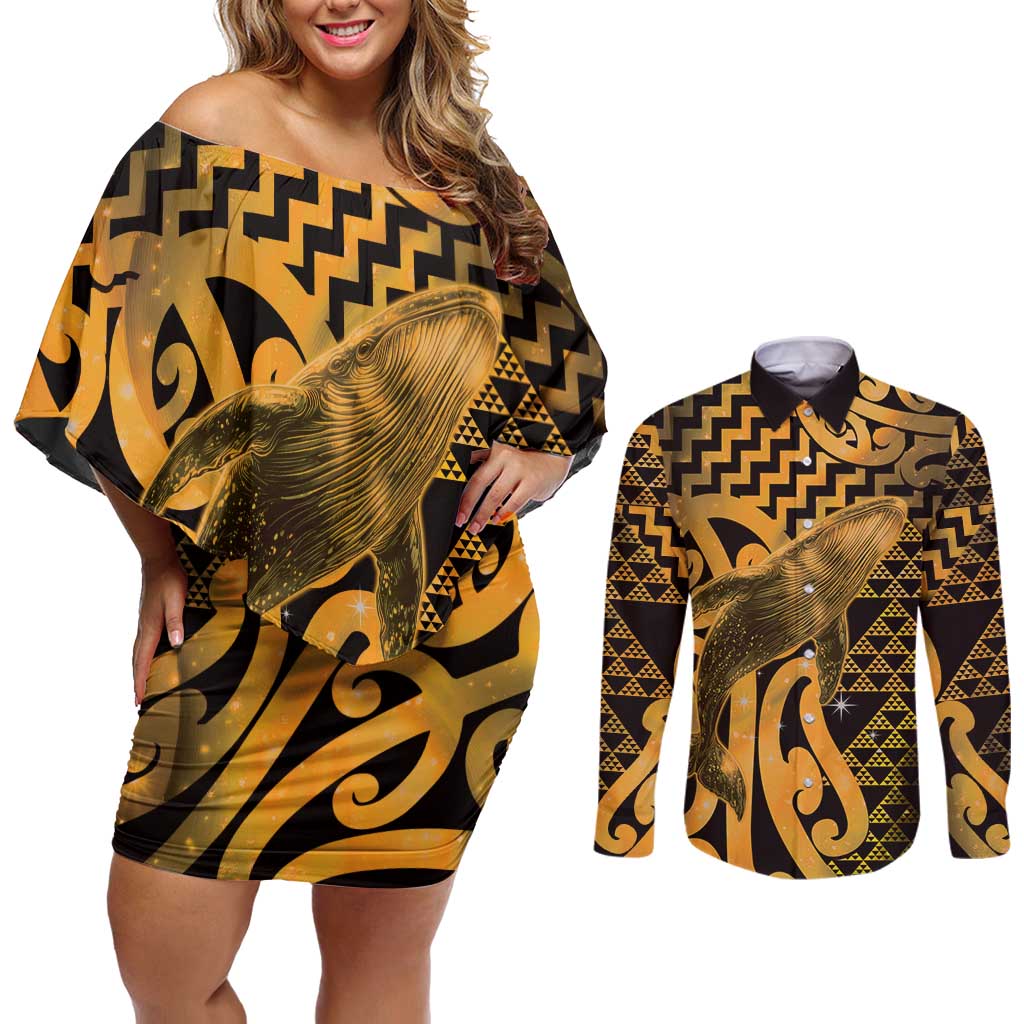 Humpback Whale Matariki New Zealand Couples Matching Off Shoulder Short Dress and Long Sleeve Button Shirt NZ Maori Paikea Poutama Luxury Gold
