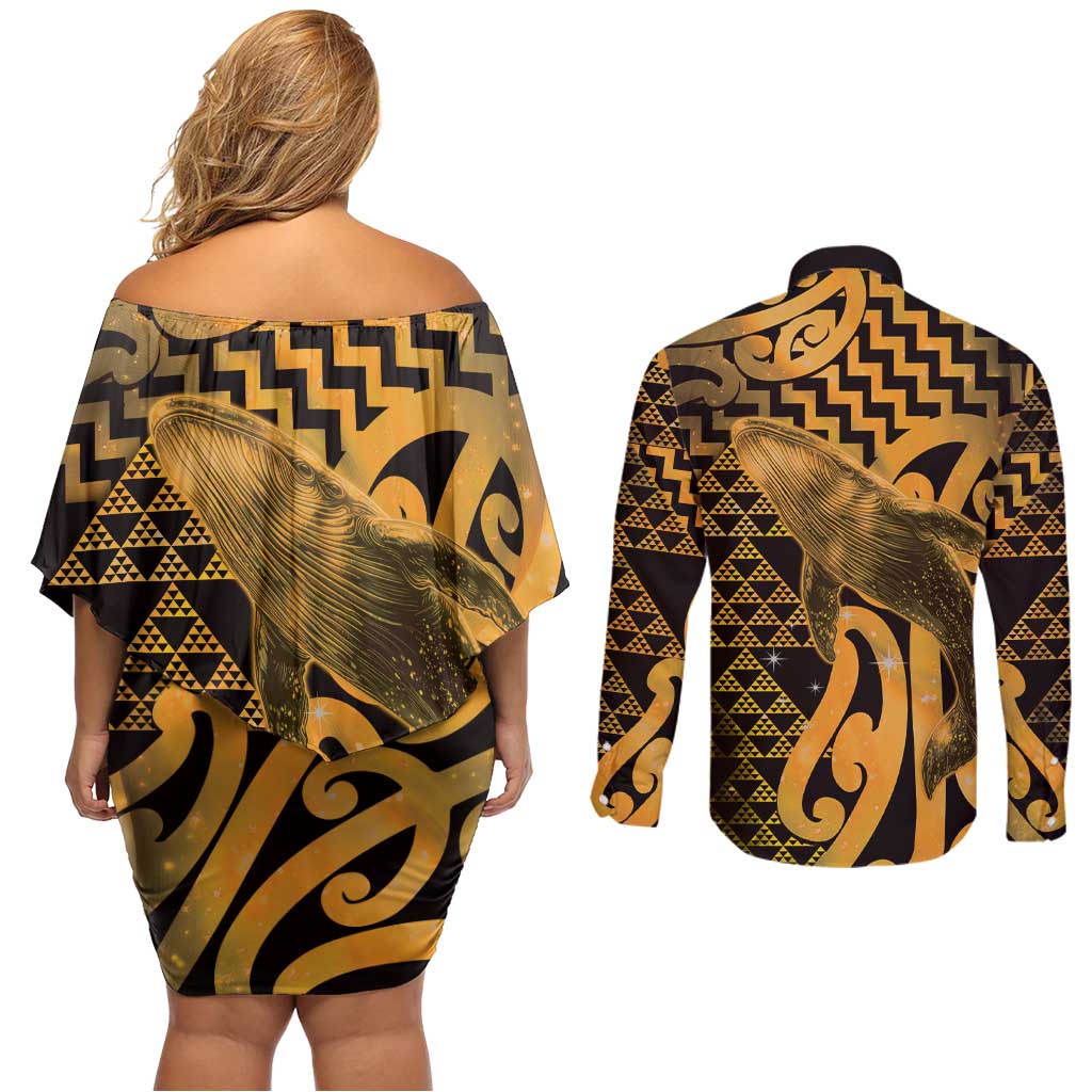 Humpback Whale Matariki New Zealand Couples Matching Off Shoulder Short Dress and Long Sleeve Button Shirt NZ Maori Paikea Poutama Luxury Gold