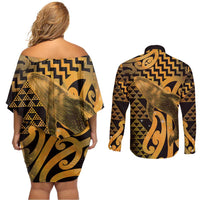 Humpback Whale Matariki New Zealand Couples Matching Off Shoulder Short Dress and Long Sleeve Button Shirt NZ Maori Paikea Poutama Luxury Gold