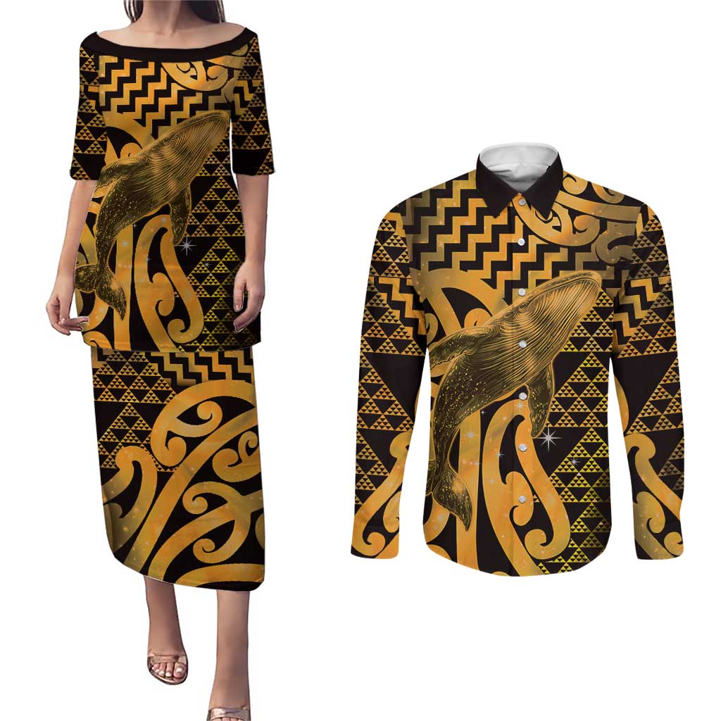 Humpback Whale Matariki New Zealand Couples Matching Puletasi and Long Sleeve Button Shirt NZ Maori Paikea Poutama Luxury Gold