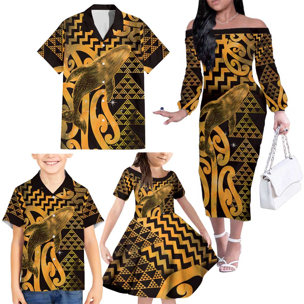 Humpback Whale Matariki New Zealand Family Matching Off The Shoulder Long Sleeve Dress and Hawaiian Shirt NZ Maori Paikea Poutama Luxury Gold LT14 - Polynesian Pride