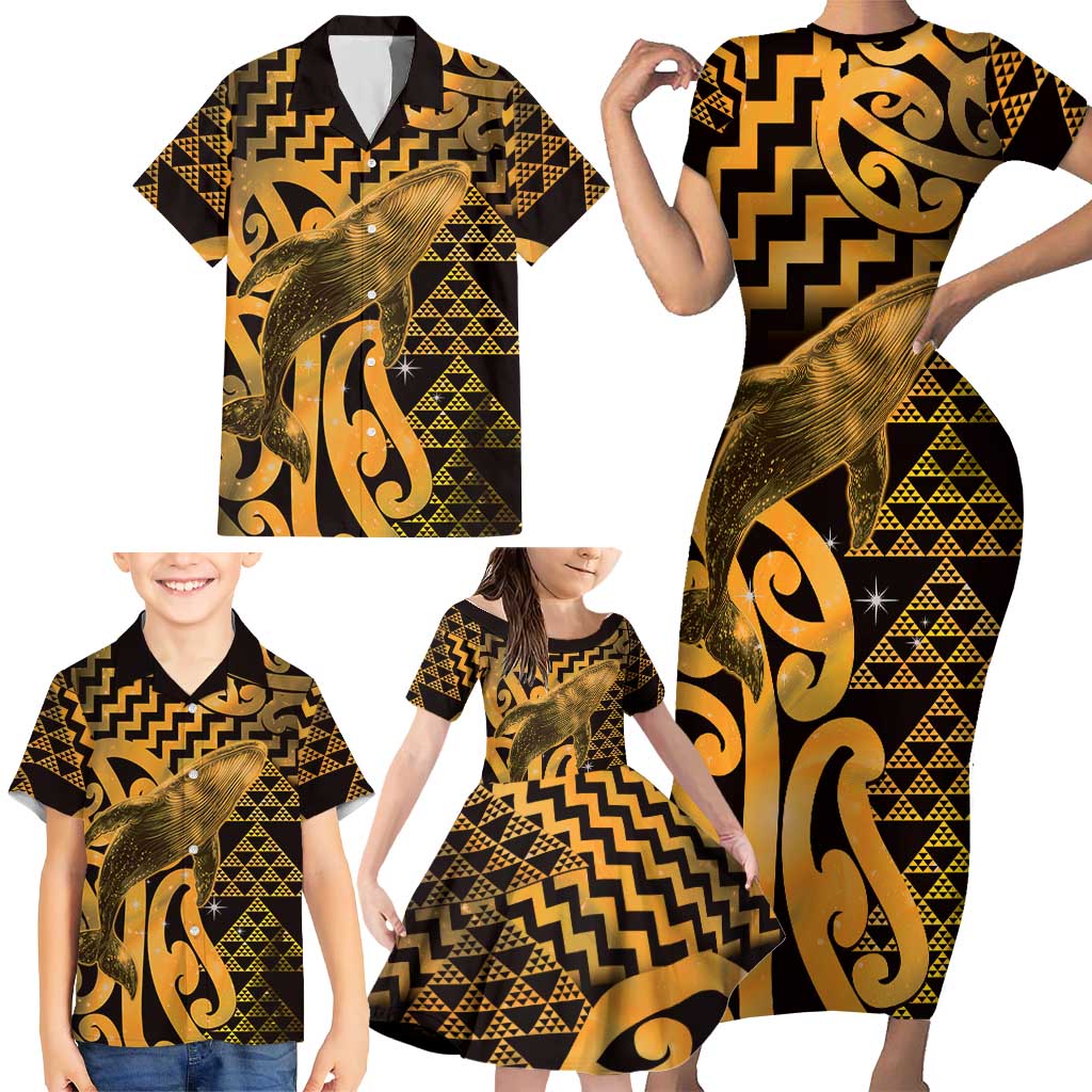 Humpback Whale Matariki New Zealand Family Matching Short Sleeve Bodycon Dress and Hawaiian Shirt NZ Maori Paikea Poutama Luxury Gold LT14 - Polynesian Pride