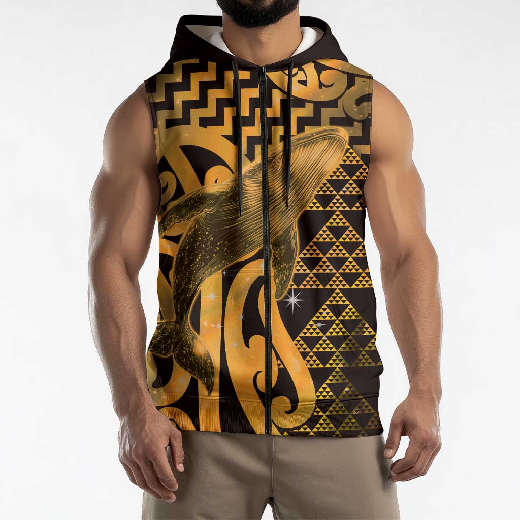 Humpback Whale Matariki New Zealand Sleeveless Zip Hoodie NZ Maori Paikea Poutama Luxury Gold