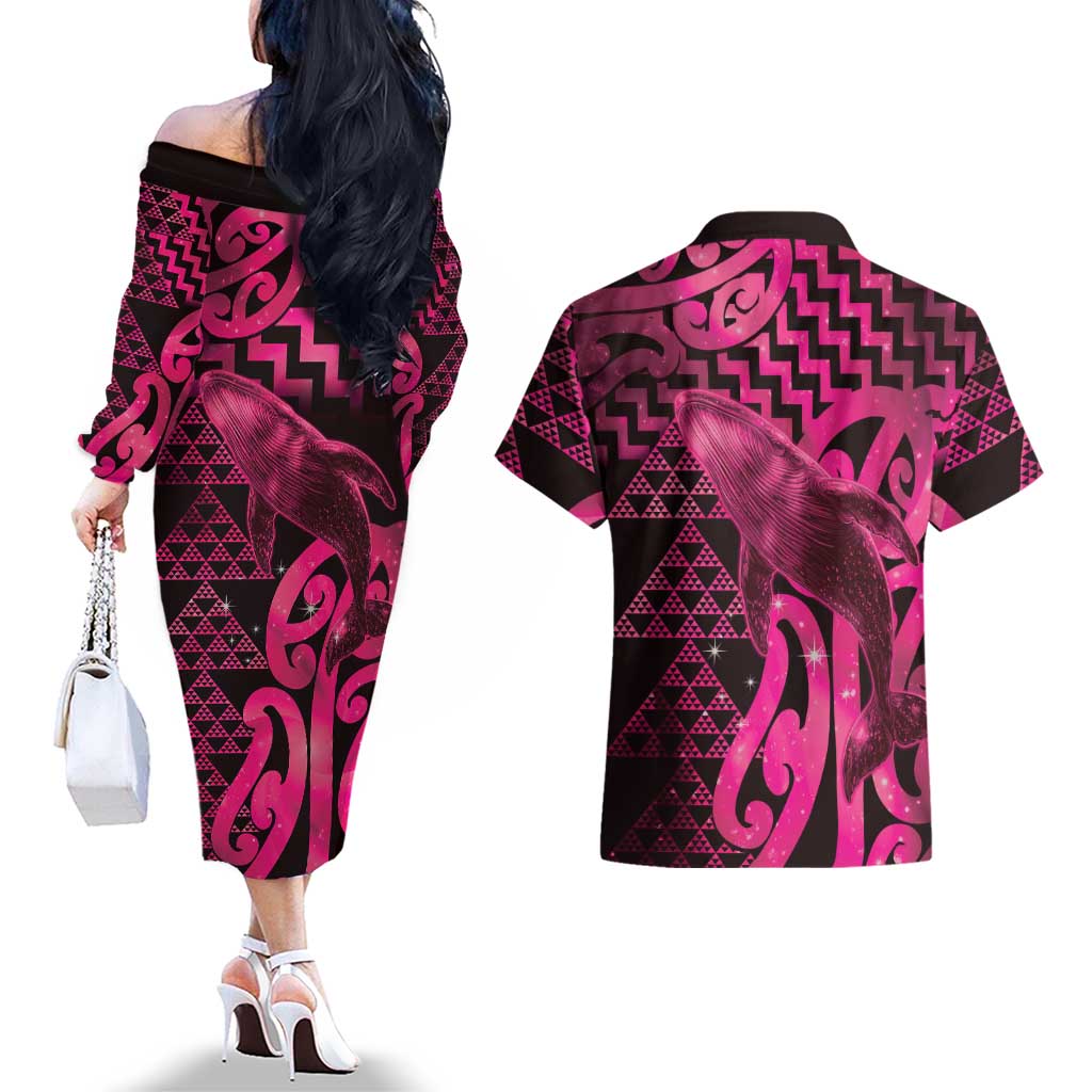 Humpback Whale Matariki New Zealand Couples Matching Off The Shoulder Long Sleeve Dress and Hawaiian Shirt NZ Maori Paikea Poutama Luxury Pink