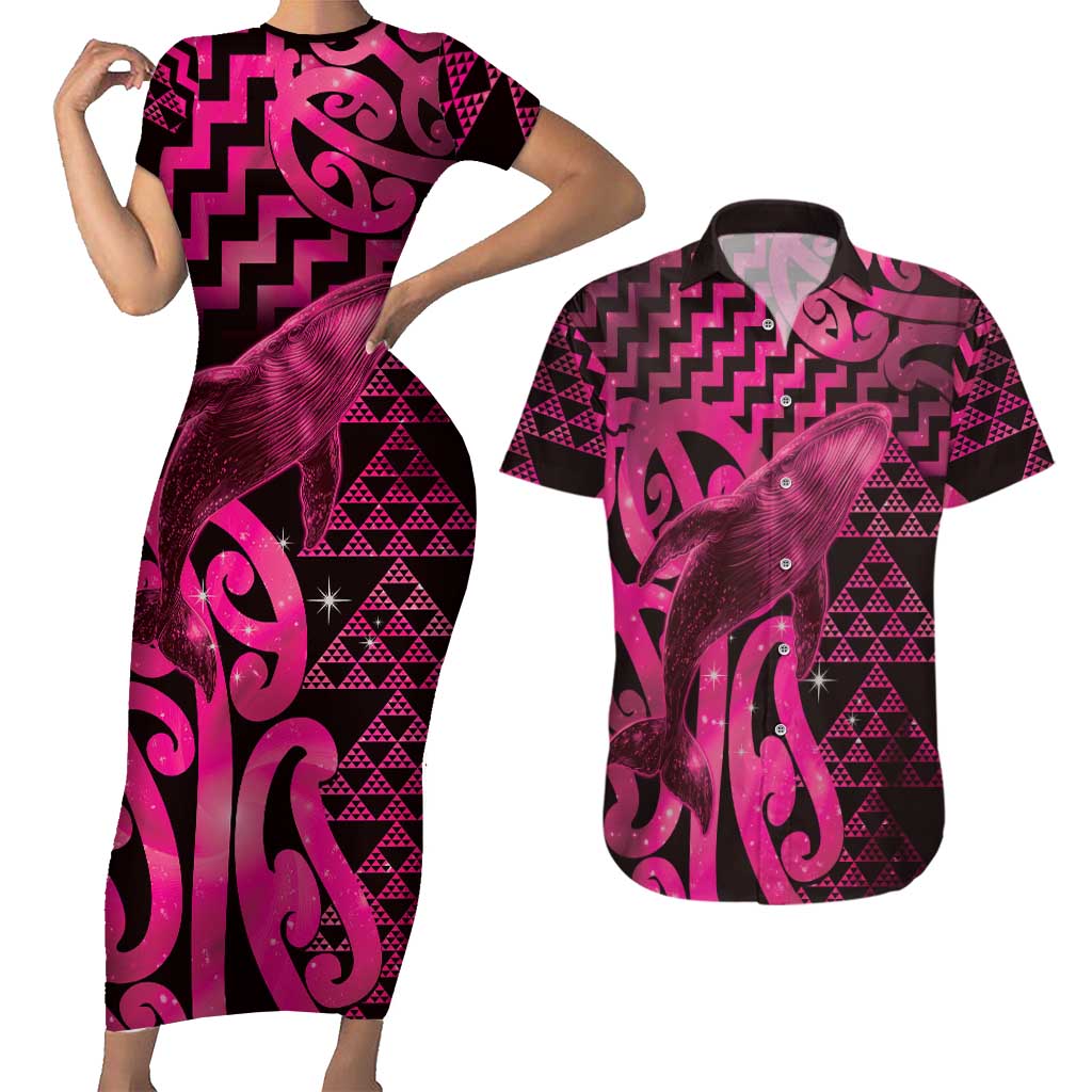Humpback Whale Matariki New Zealand Couples Matching Short Sleeve Bodycon Dress and Hawaiian Shirt NZ Maori Paikea Poutama Luxury Pink