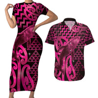 Humpback Whale Matariki New Zealand Couples Matching Short Sleeve Bodycon Dress and Hawaiian Shirt NZ Maori Paikea Poutama Luxury Pink