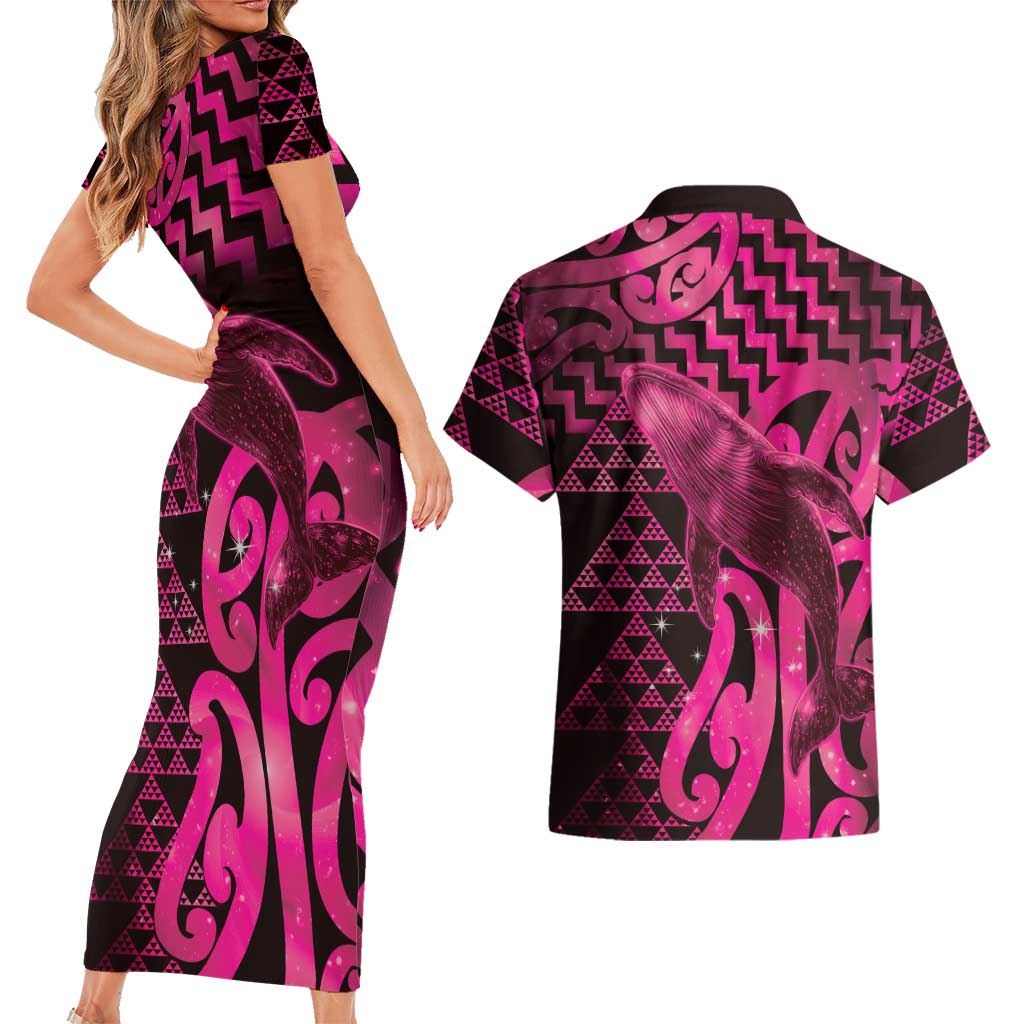 Humpback Whale Matariki New Zealand Couples Matching Short Sleeve Bodycon Dress and Hawaiian Shirt NZ Maori Paikea Poutama Luxury Pink