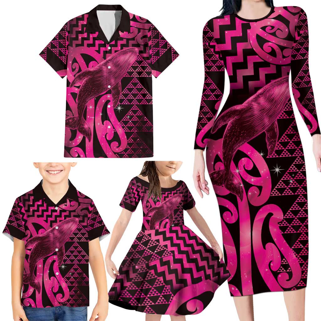 Humpback Whale Matariki New Zealand Family Matching Long Sleeve Bodycon Dress and Hawaiian Shirt NZ Maori Paikea Poutama Luxury Pink LT14 - Polynesian Pride