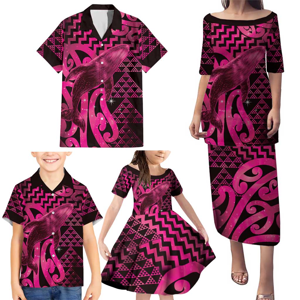 Humpback Whale Matariki New Zealand Family Matching Puletasi and Hawaiian Shirt NZ Maori Paikea Poutama Luxury Pink LT14 - Polynesian Pride