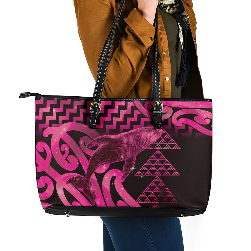 Humpback Whale Matariki New Zealand Leather Tote Bag NZ Maori Paikea Poutama Luxury Pink