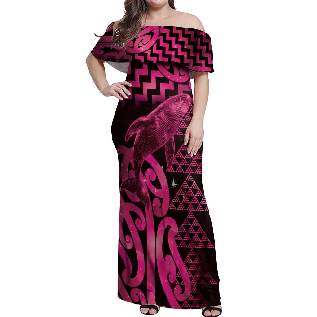 Humpback Whale Matariki New Zealand Off Shoulder Maxi Dress NZ Maori Paikea Poutama Luxury Pink