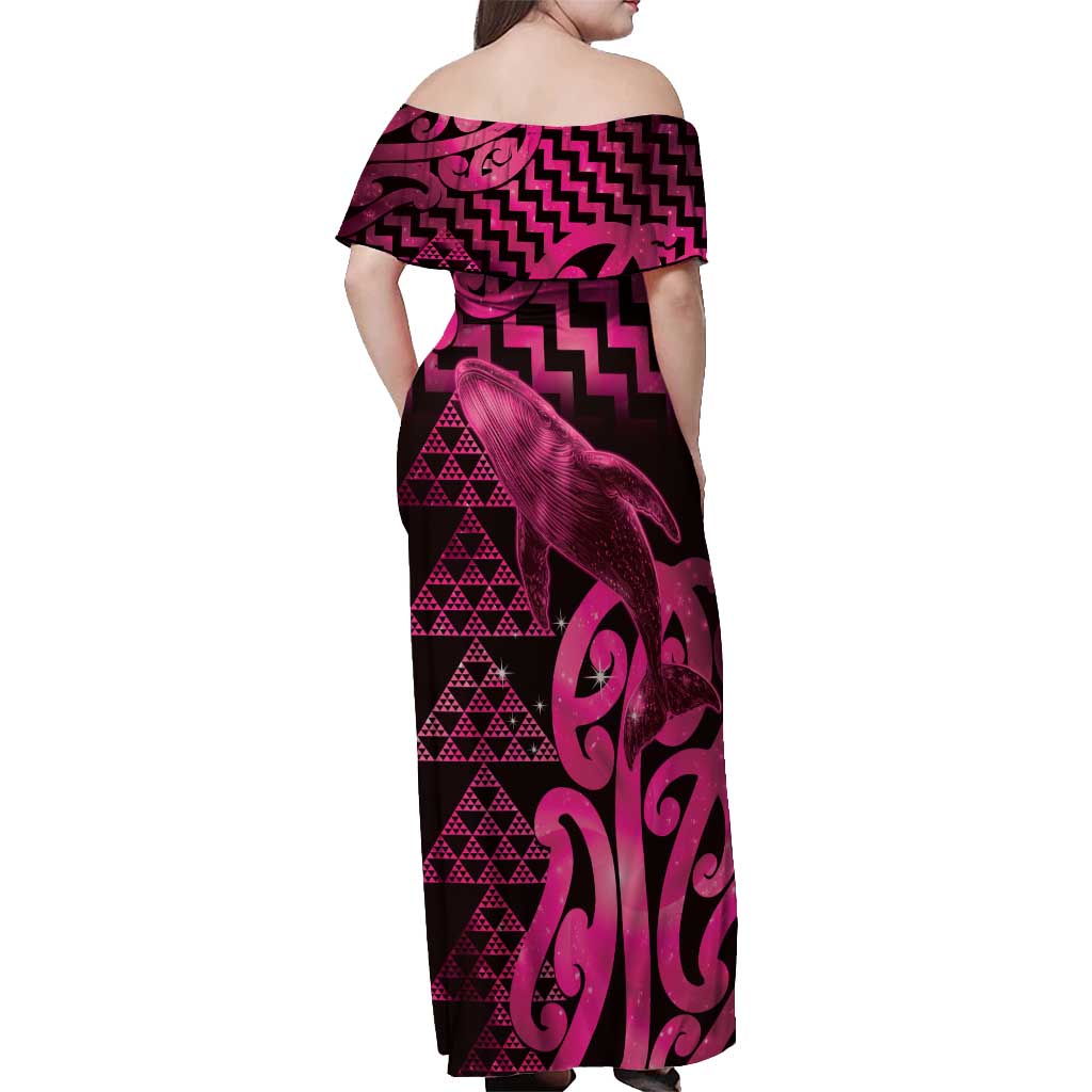 Humpback Whale Matariki New Zealand Off Shoulder Maxi Dress NZ Maori Paikea Poutama Luxury Pink