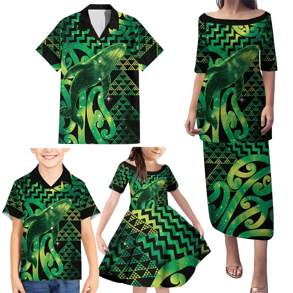 Humpback Whale Matariki New Zealand Family Matching Puletasi and Hawaiian Shirt NZ Maori Paikea Poutama Luxury Green LT14 - Polynesian Pride
