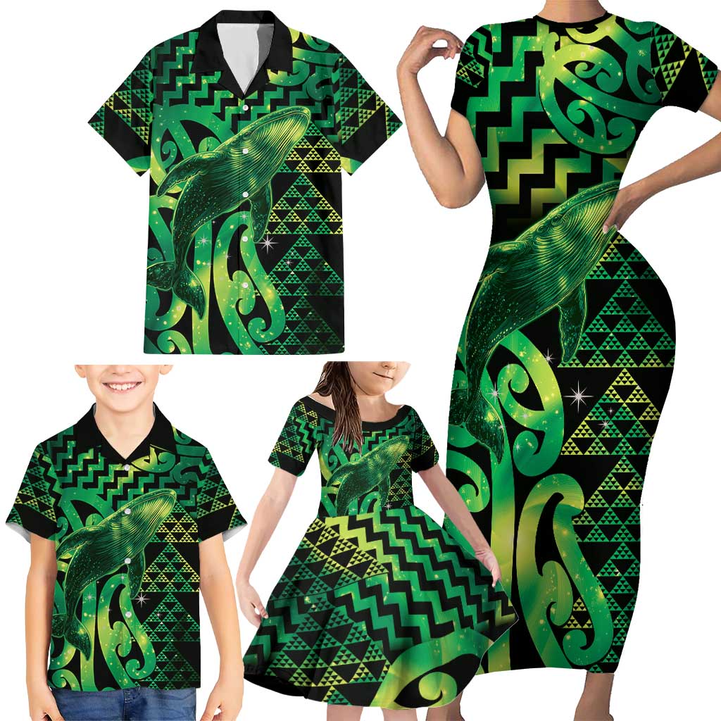Humpback Whale Matariki New Zealand Family Matching Short Sleeve Bodycon Dress and Hawaiian Shirt NZ Maori Paikea Poutama Luxury Green LT14 - Polynesian Pride