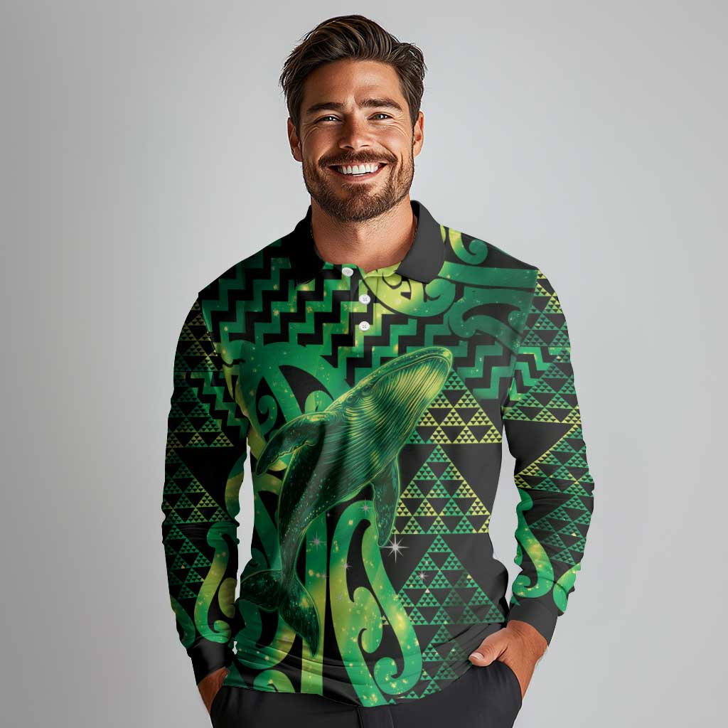 Humpback Whale Matariki New Zealand Long Sleeve Polo Shirt NZ Maori Paikea Poutama Luxury Green