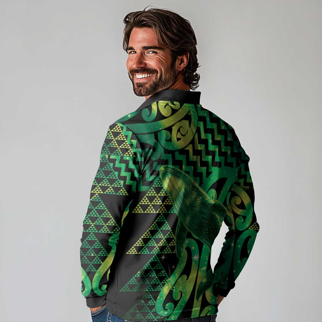 Humpback Whale Matariki New Zealand Long Sleeve Polo Shirt NZ Maori Paikea Poutama Luxury Green