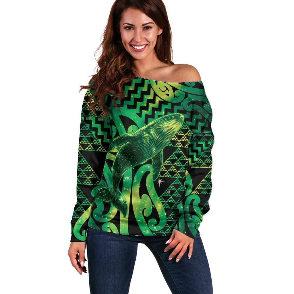 Humpback Whale Matariki New Zealand Off Shoulder Sweater NZ Maori Paikea Poutama Luxury Green