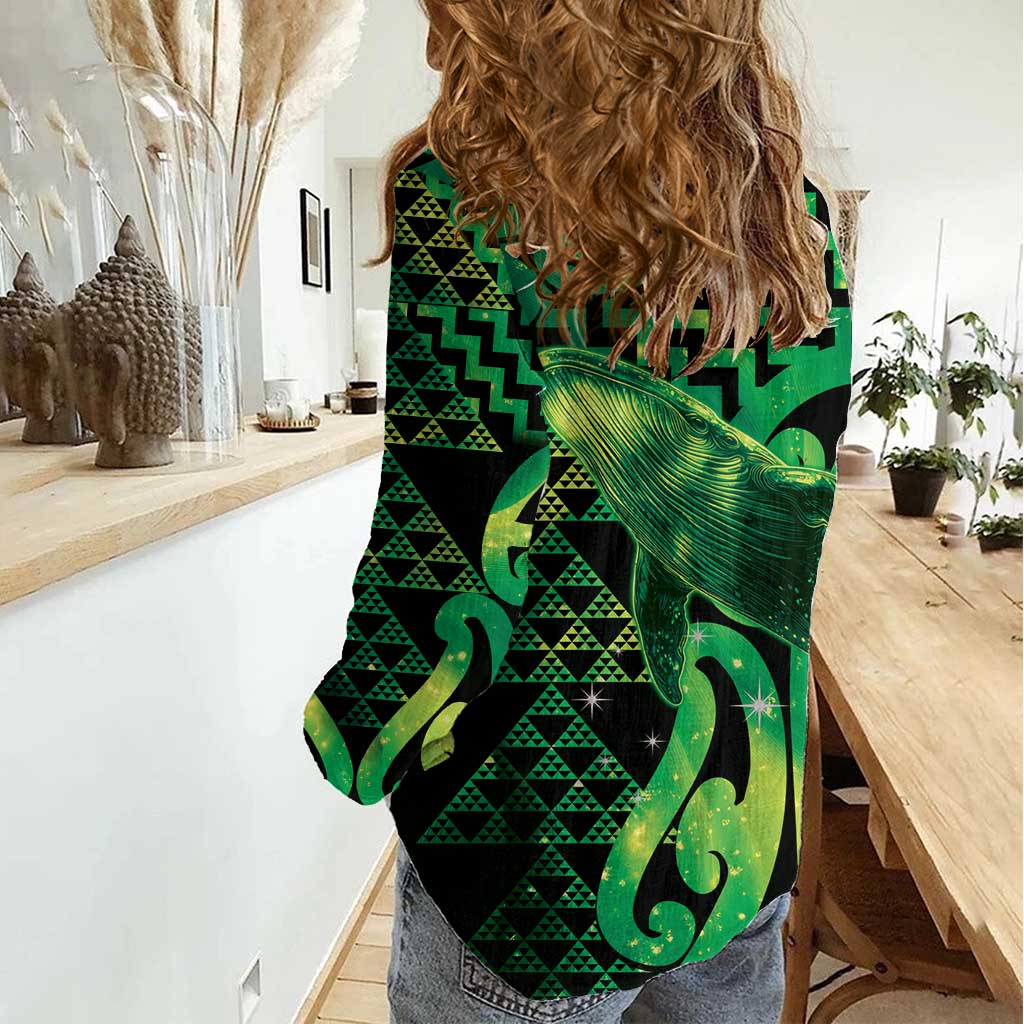 Humpback Whale Matariki New Zealand Women Casual Shirt NZ Maori Paikea Poutama Luxury Green