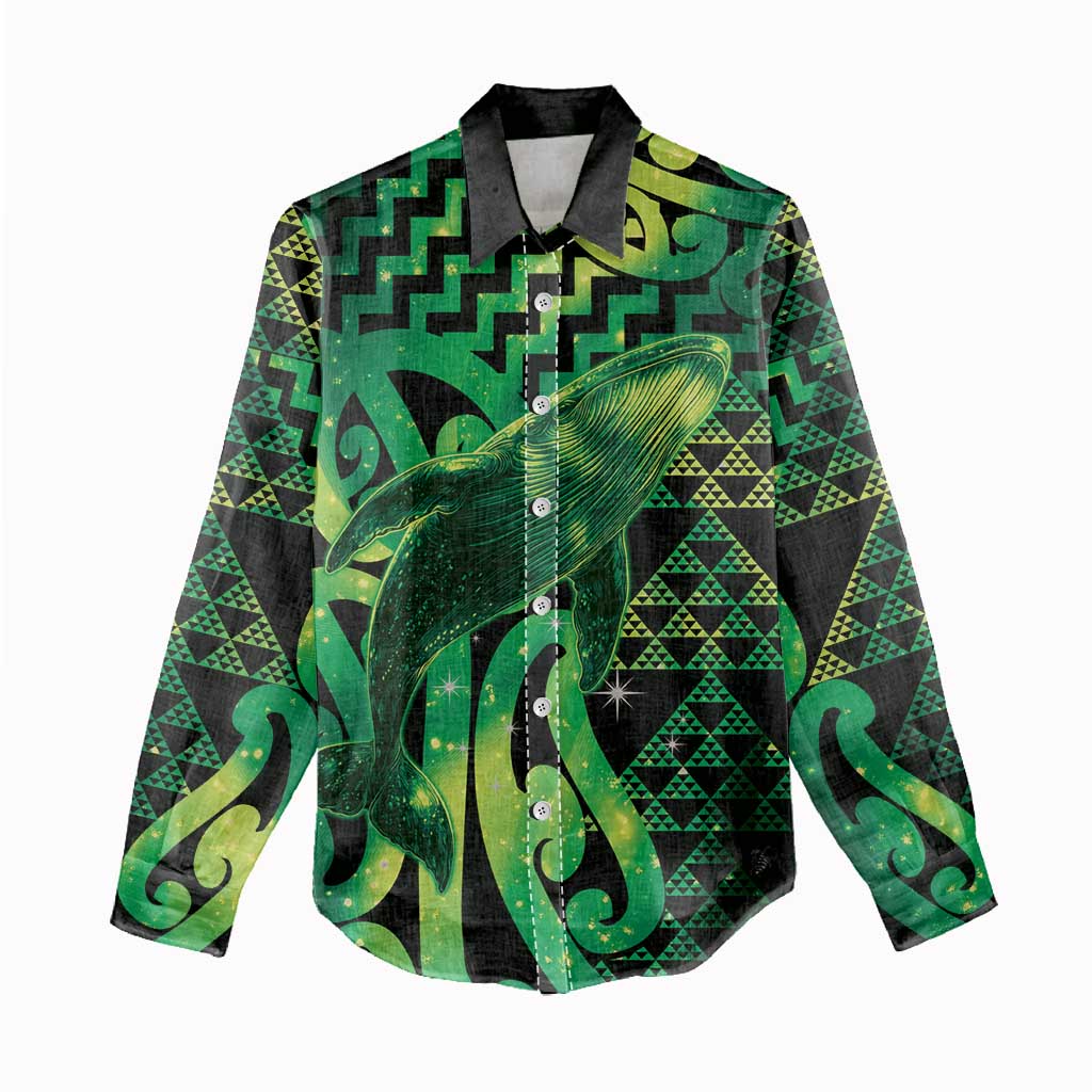 Humpback Whale Matariki New Zealand Women Casual Shirt NZ Maori Paikea Poutama Luxury Green