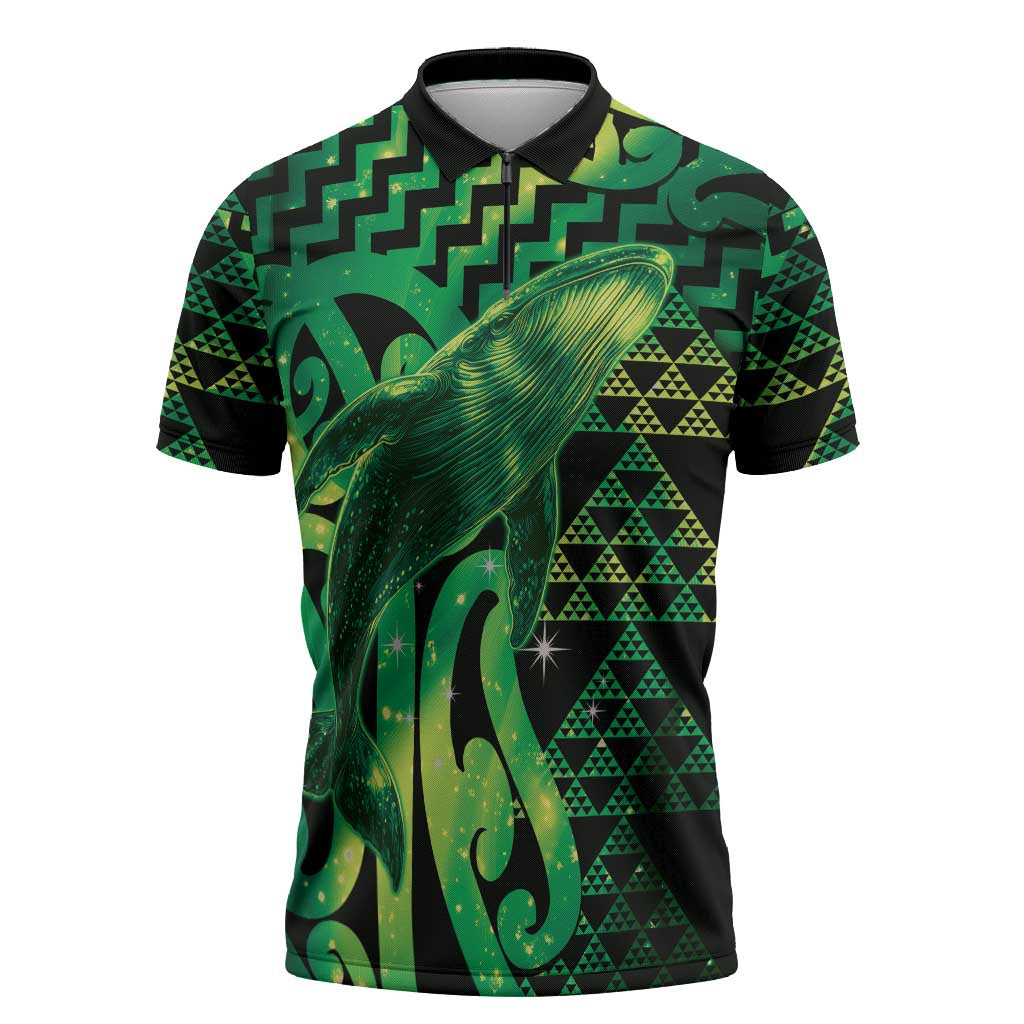 Humpback Whale Matariki New Zealand Zipper Polo Shirt NZ Maori Paikea Poutama Luxury Green