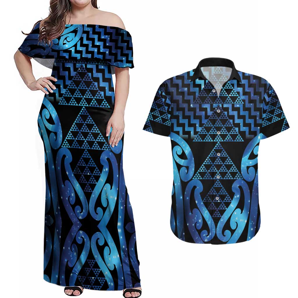 Taniko Motifs Matariki New Zealand Couples Matching Off Shoulder Maxi Dress and Hawaiian Shirt NZ Niho Taniwha Poutama