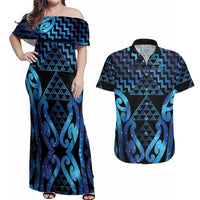 Taniko Motifs Matariki New Zealand Couples Matching Off Shoulder Maxi Dress and Hawaiian Shirt NZ Niho Taniwha Poutama