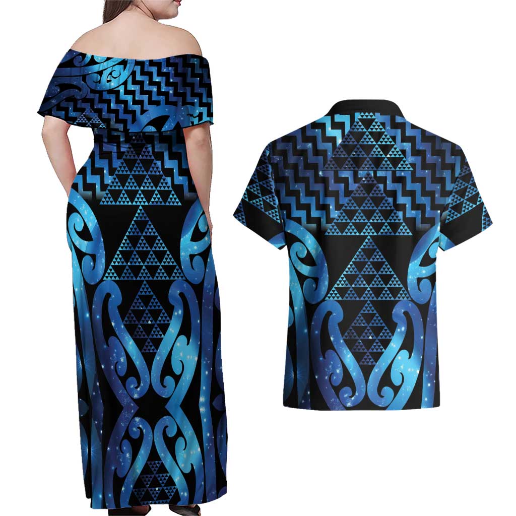 Taniko Motifs Matariki New Zealand Couples Matching Off Shoulder Maxi Dress and Hawaiian Shirt NZ Niho Taniwha Poutama