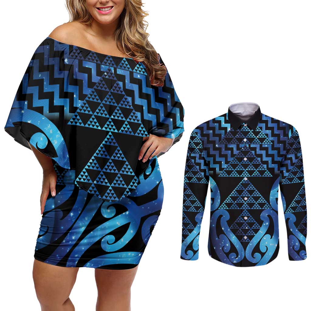Taniko Motifs Matariki New Zealand Couples Matching Off Shoulder Short Dress and Long Sleeve Button Shirt NZ Niho Taniwha Poutama