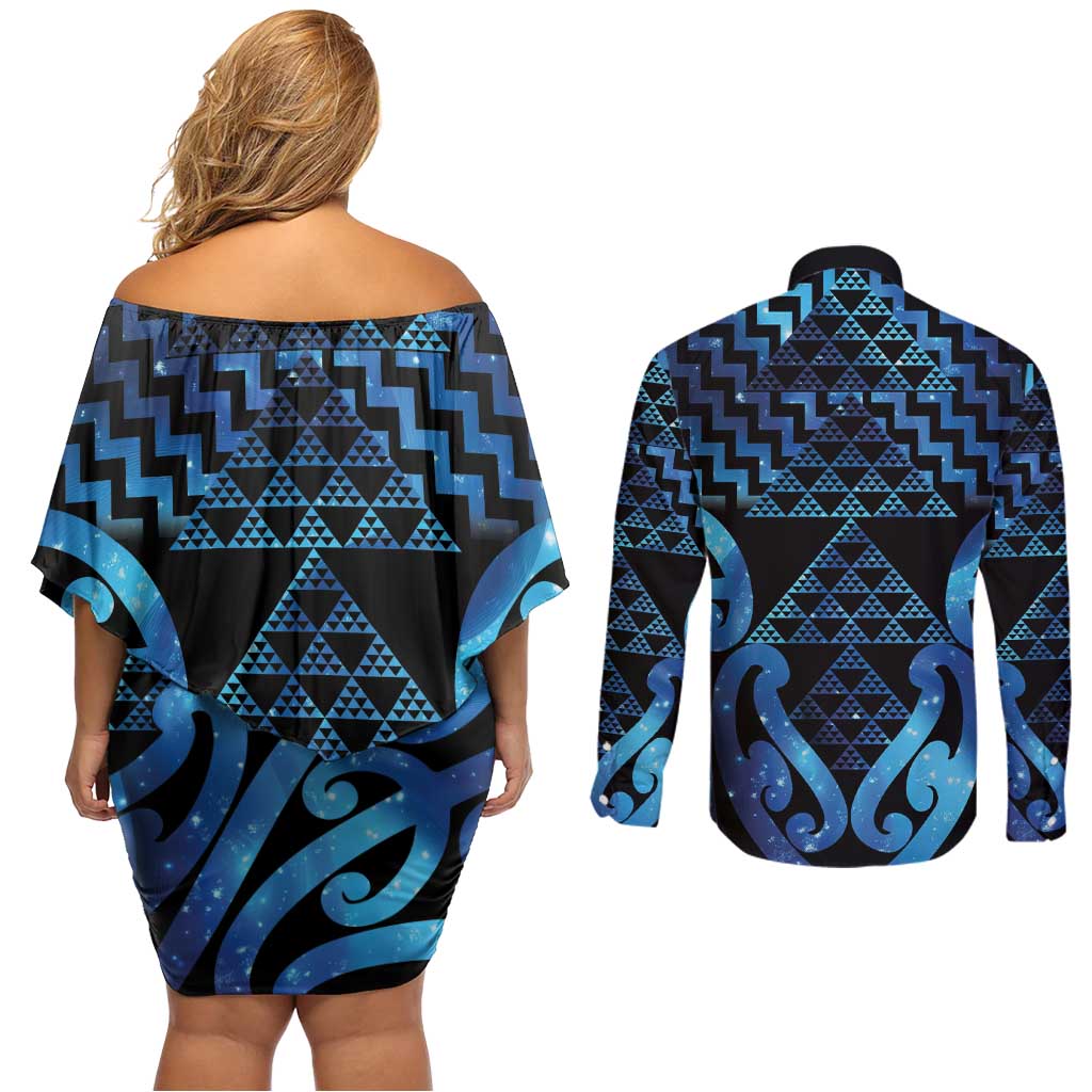 Taniko Motifs Matariki New Zealand Couples Matching Off Shoulder Short Dress and Long Sleeve Button Shirt NZ Niho Taniwha Poutama