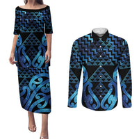 Taniko Motifs Matariki New Zealand Couples Matching Puletasi and Long Sleeve Button Shirt NZ Niho Taniwha Poutama